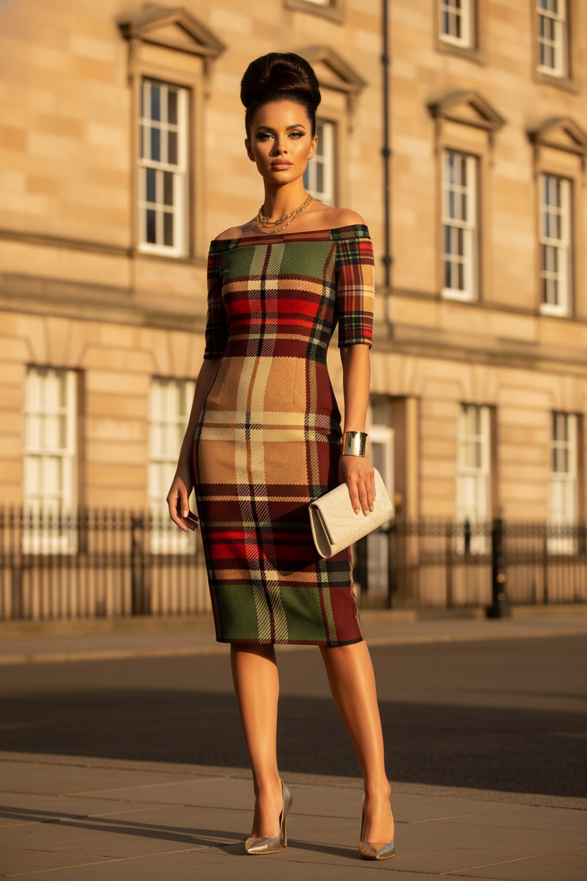 Wrap dress dress with elegant plaid pattern and off shoulder outfit for evening events