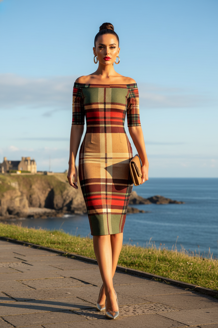 Wrap Dress Dress Elegant Plaid Off Shoulder Outfit Evening Style