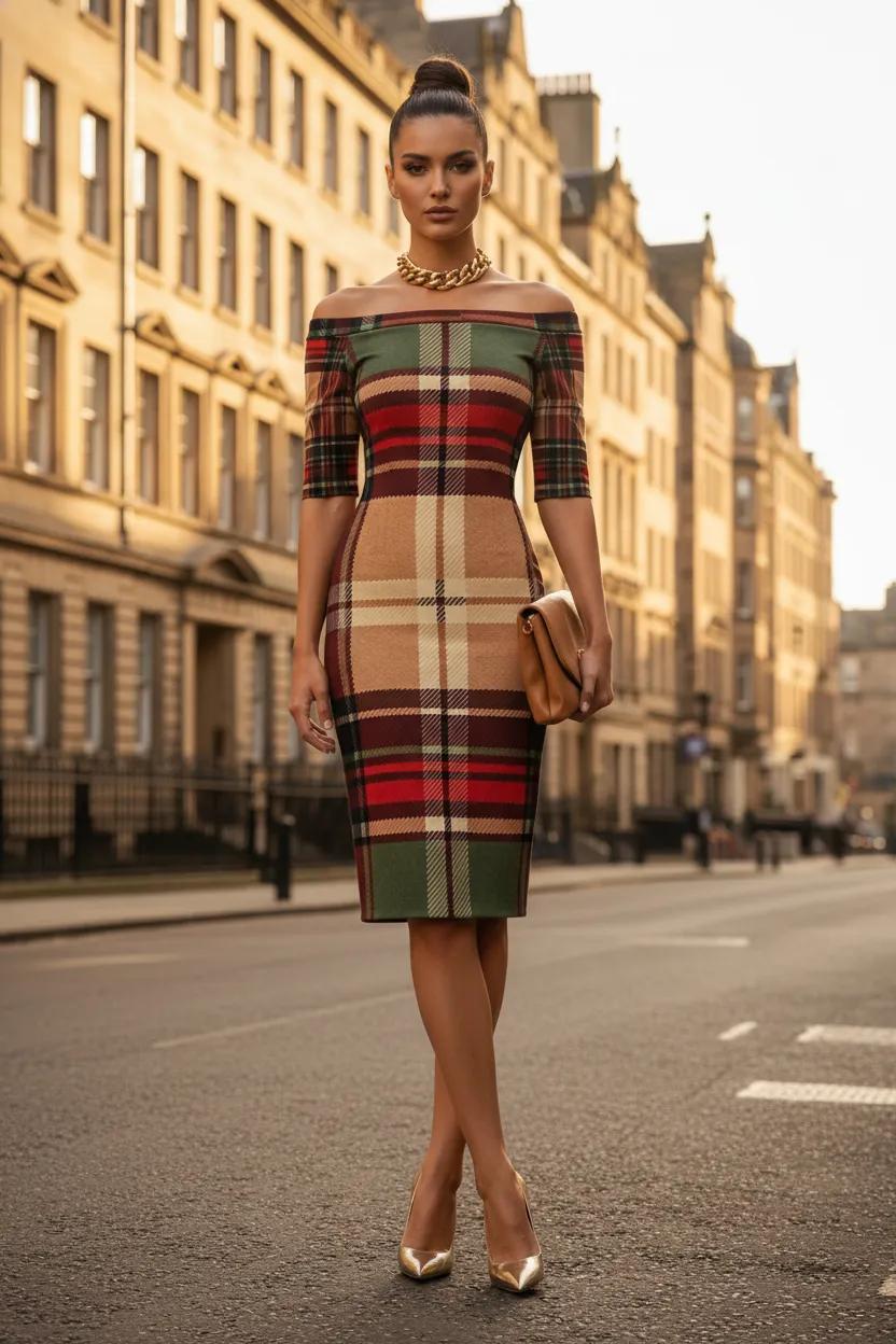 Wrap Dress Dress Plaid Elegant Evening Outfit with Off Shoulder Design
