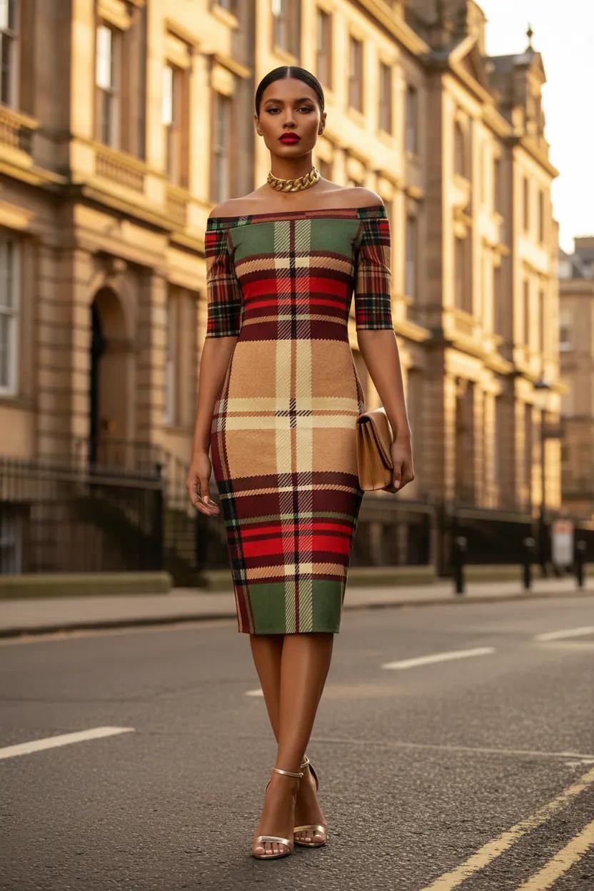 Wrap Dress Dress Plaid Off Shoulder Elegant Evening Outfit