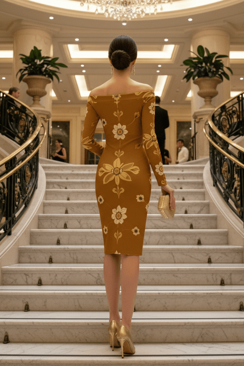 1950s Sunflower Off Shoulder Bodycon vintage bridal dress elegant outfit evening style