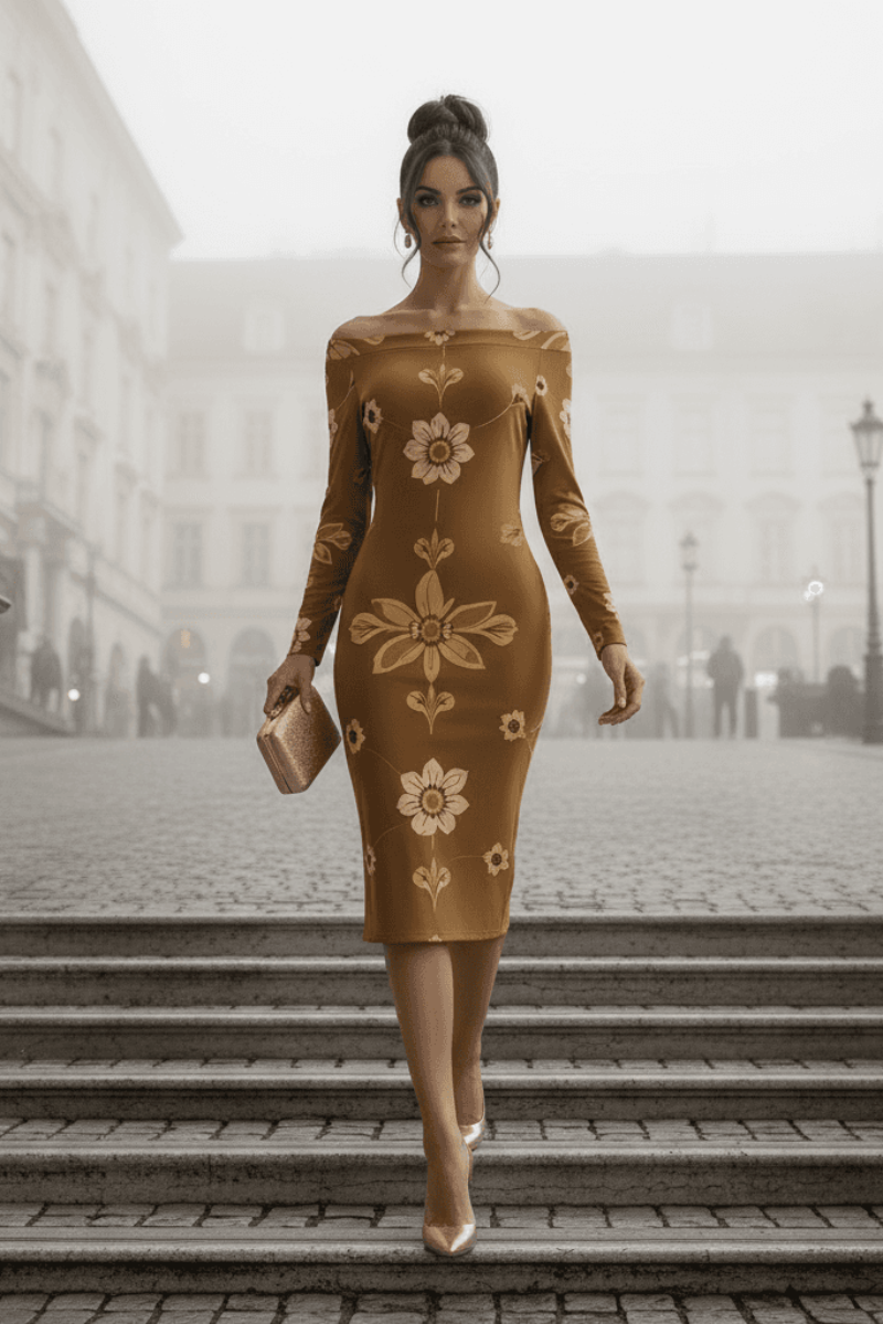1950s Sunflower Off Shoulder Bodycon Vintage Bridal Dress elegant evening outfit midi length