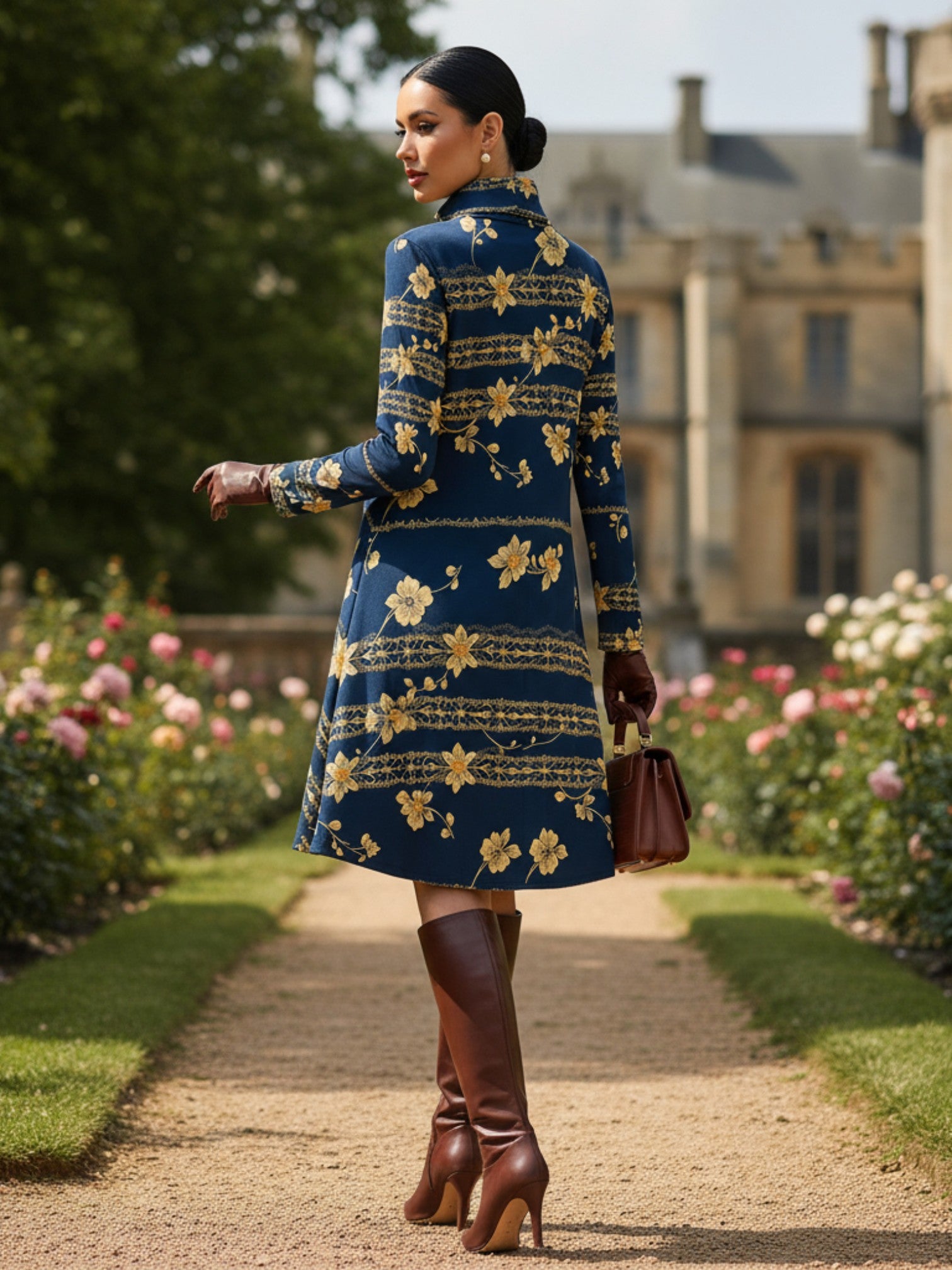 Navy blue floral high neck dress with long sleeves worn by woman with brown boots in garden