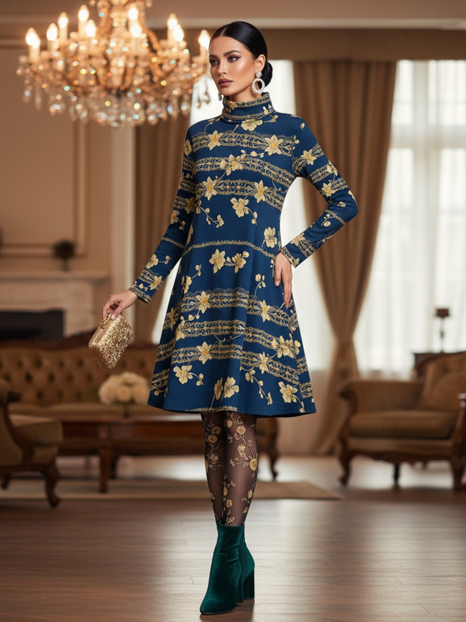 Angelic Blessings Shop navy blue floral high neck dress with long sleeves and gold floral pattern