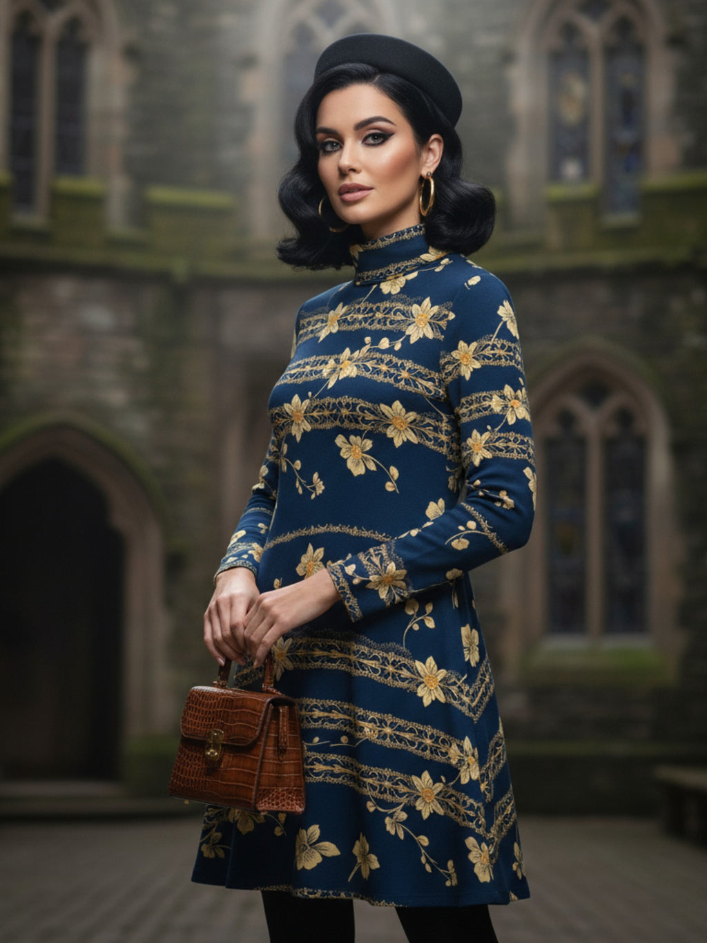 Woman wearing navy blue floral high neck dress with long sleeves and yellow floral patterns