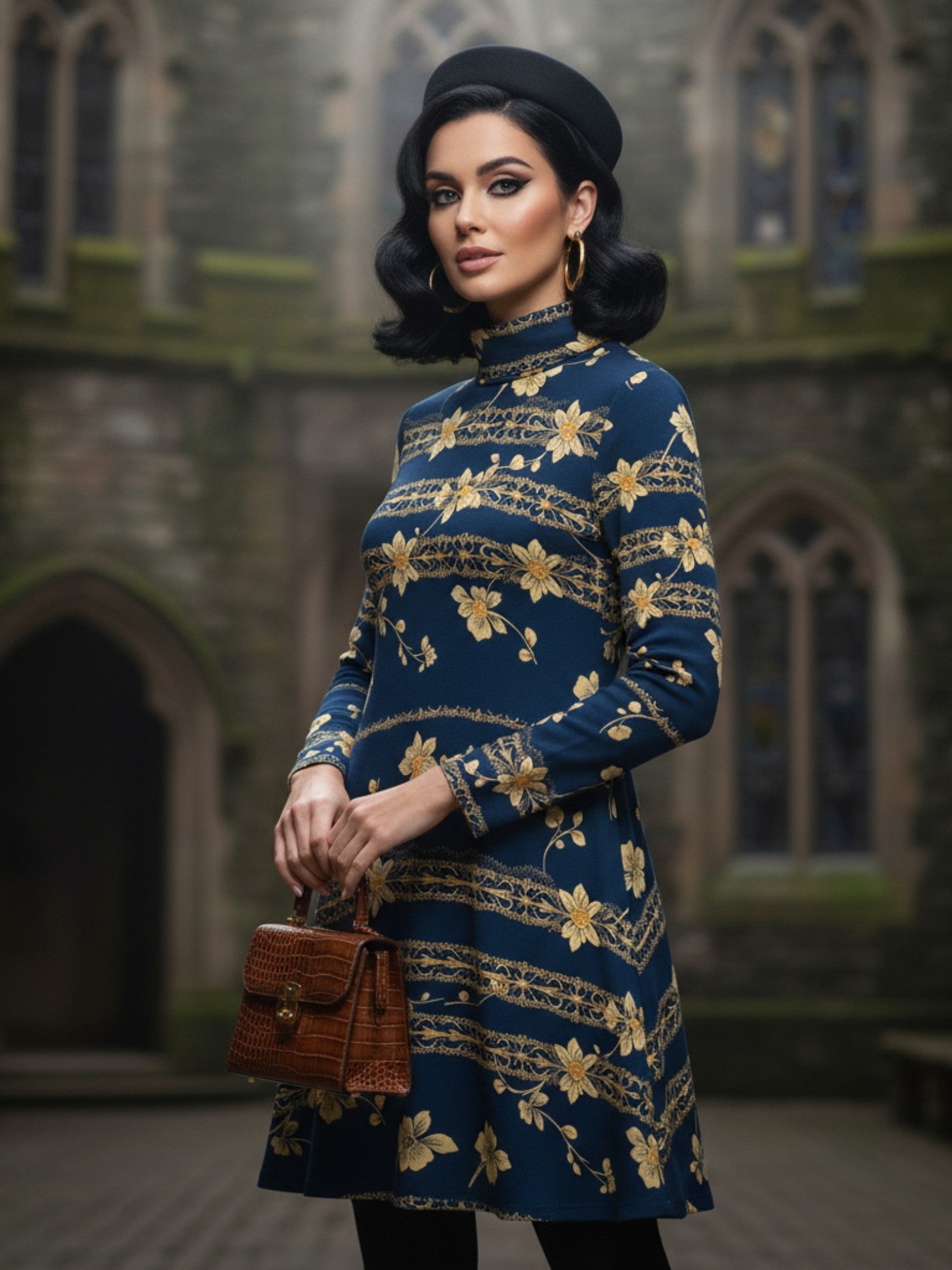 Woman wearing navy blue floral high neck dress with long sleeves and yellow floral patterns