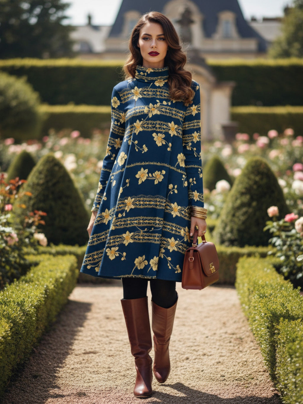 Navy blue floral high neck dress by Angelic Blessings Shop worn with brown boots and handbag in garden setting