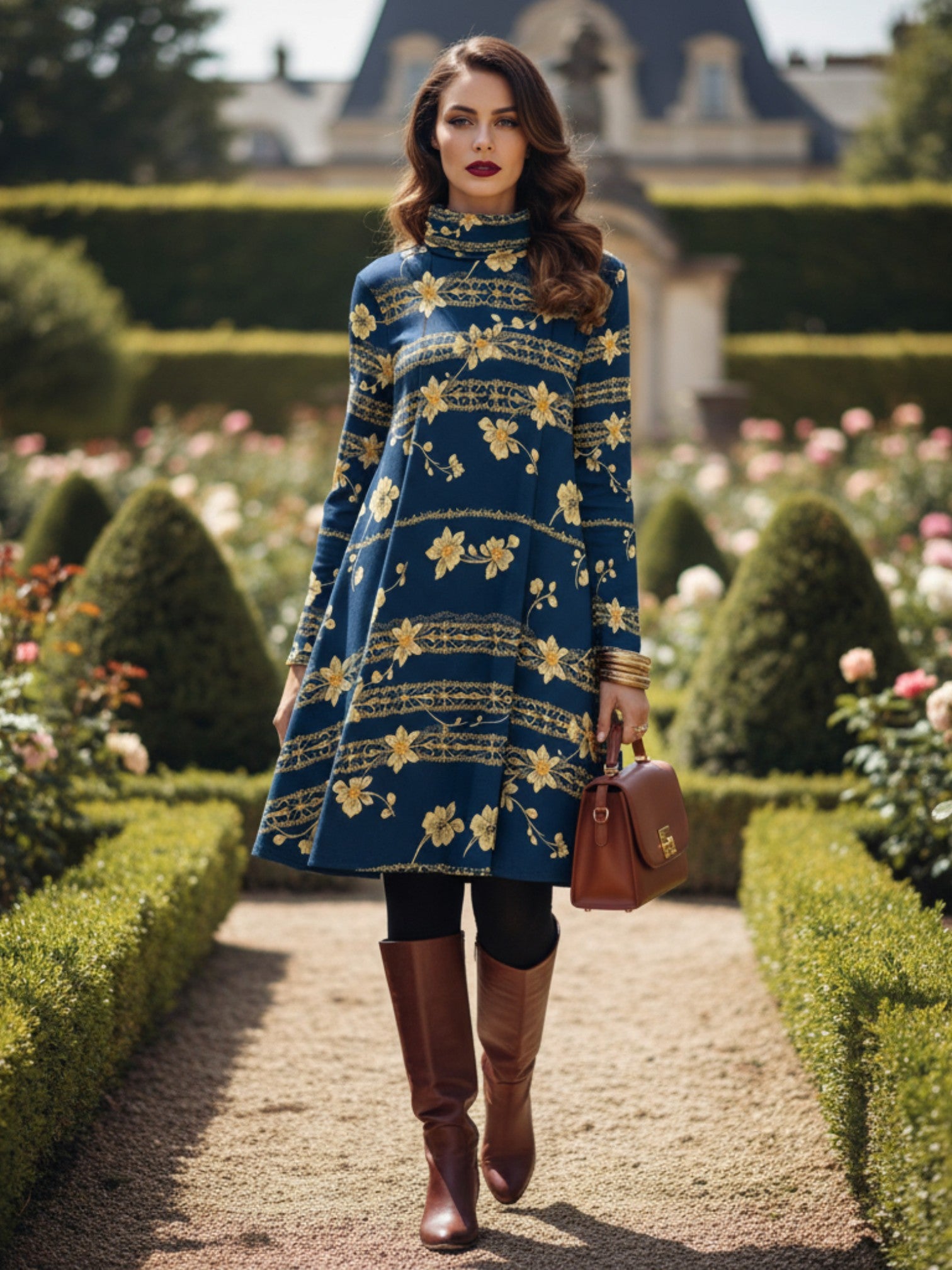 Navy blue floral high neck dress by Angelic Blessings Shop worn with brown boots and handbag in garden setting