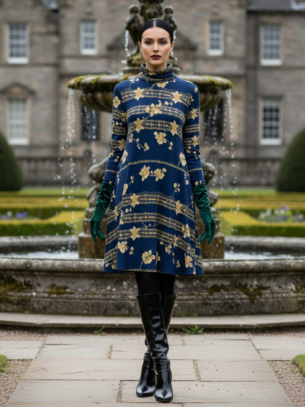 Navy blue floral high neck dress from Angelic Blessings Shop worn with black boots and green gloves