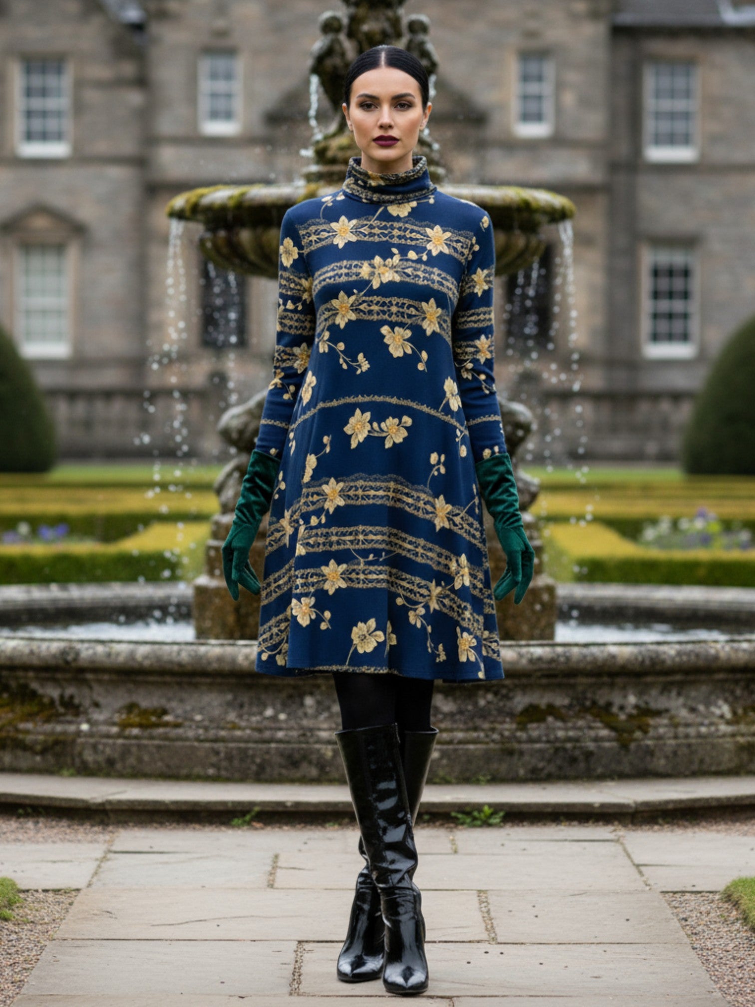 Navy blue floral high neck dress from Angelic Blessings Shop worn with black boots and green gloves