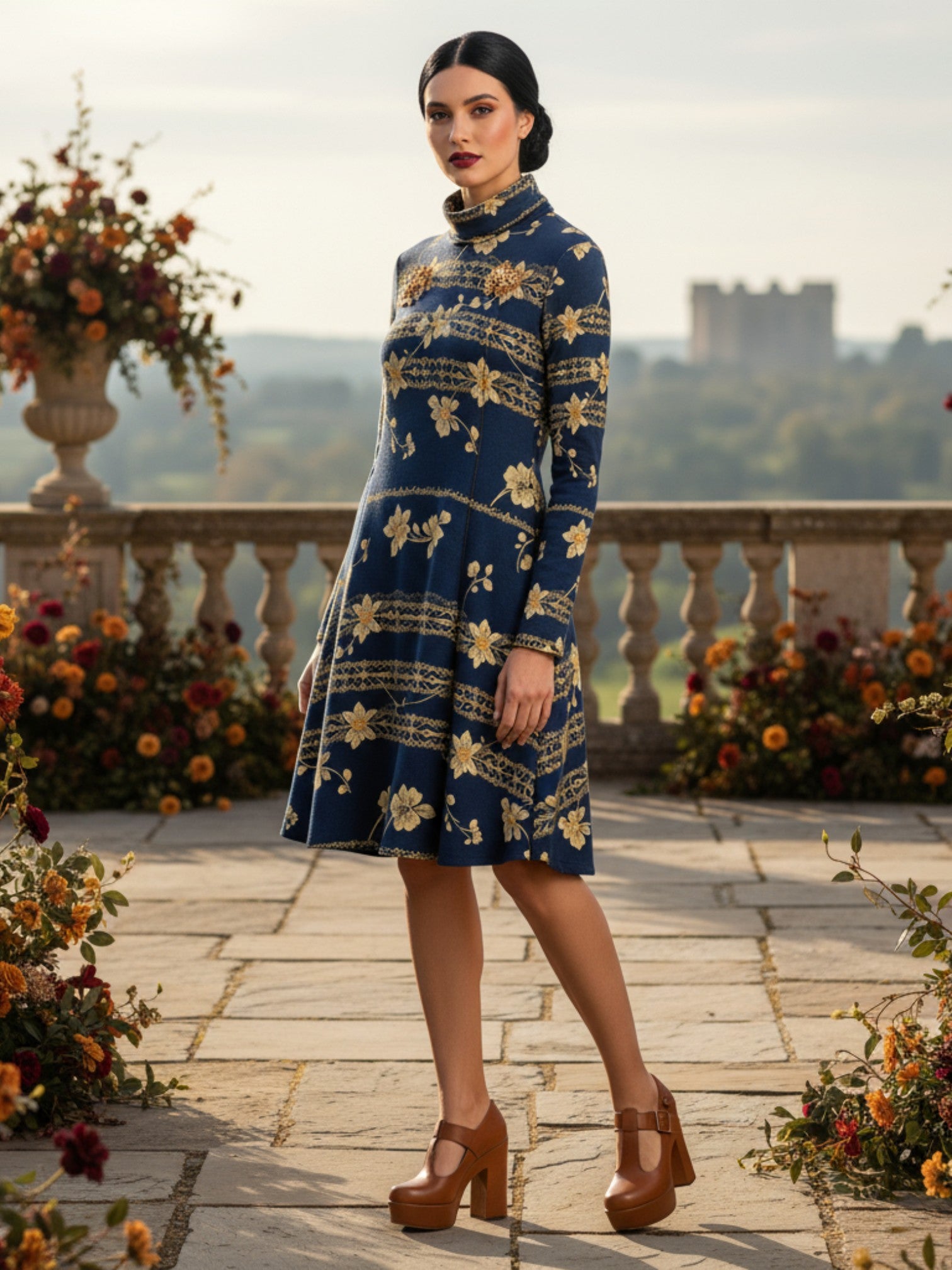 Navy blue floral high neck dress from Angelic Blessings Shop featuring long sleeves and an elegant fit