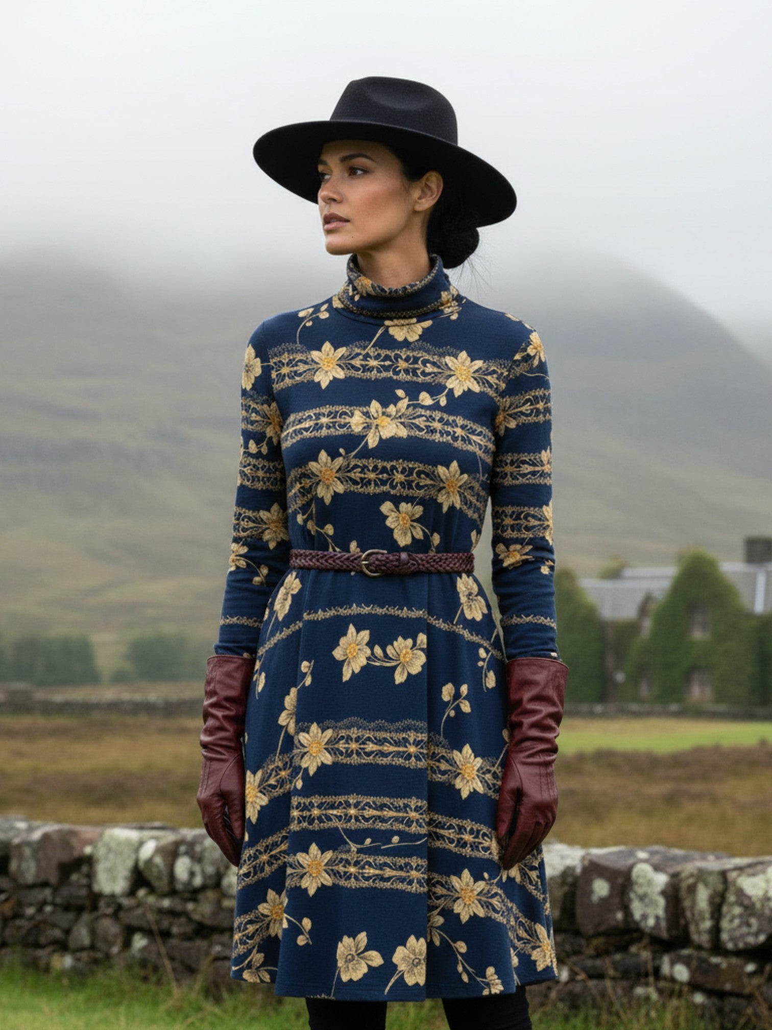 Navy blue floral high neck dress with long sleeves worn with black hat and brown gloves outdoors