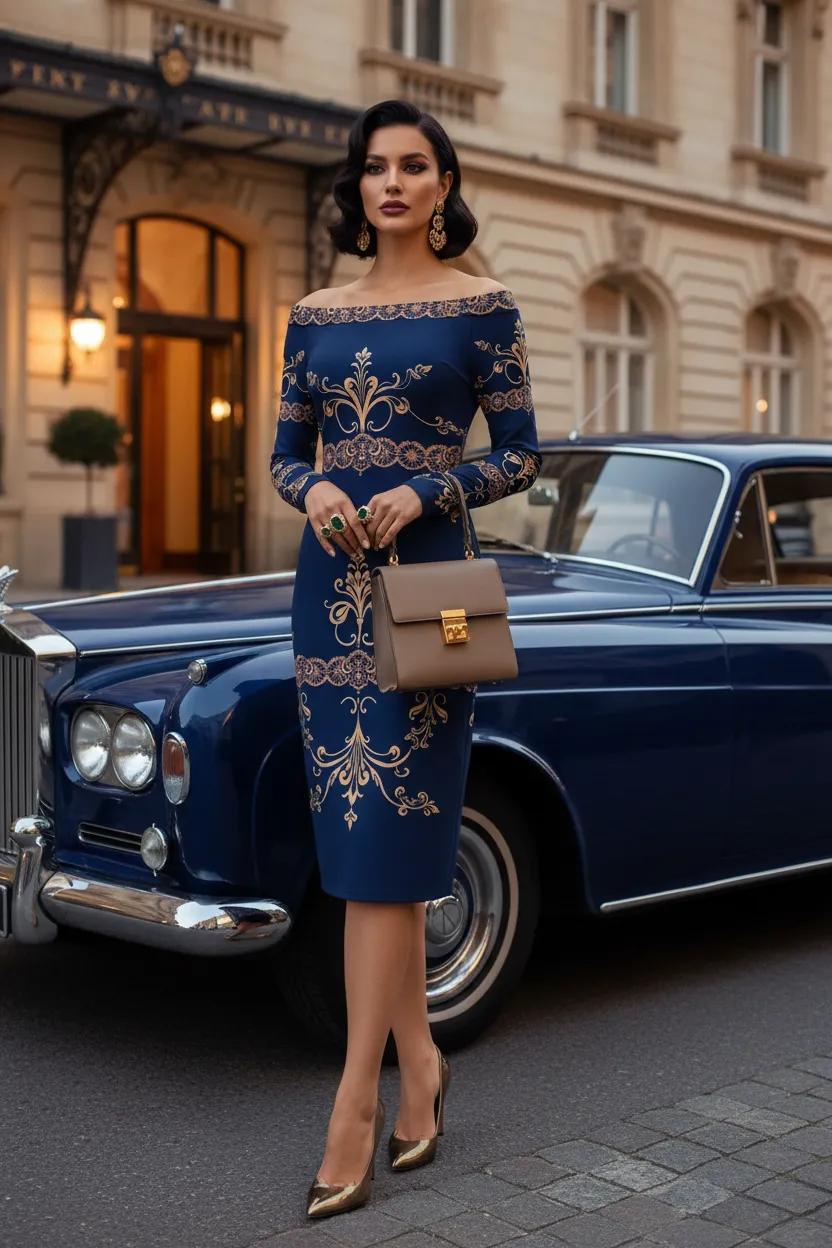 Navy Gold Baroque Bodycon Dress-S-6XL Elegant Evening Outfit Stylish Fashion