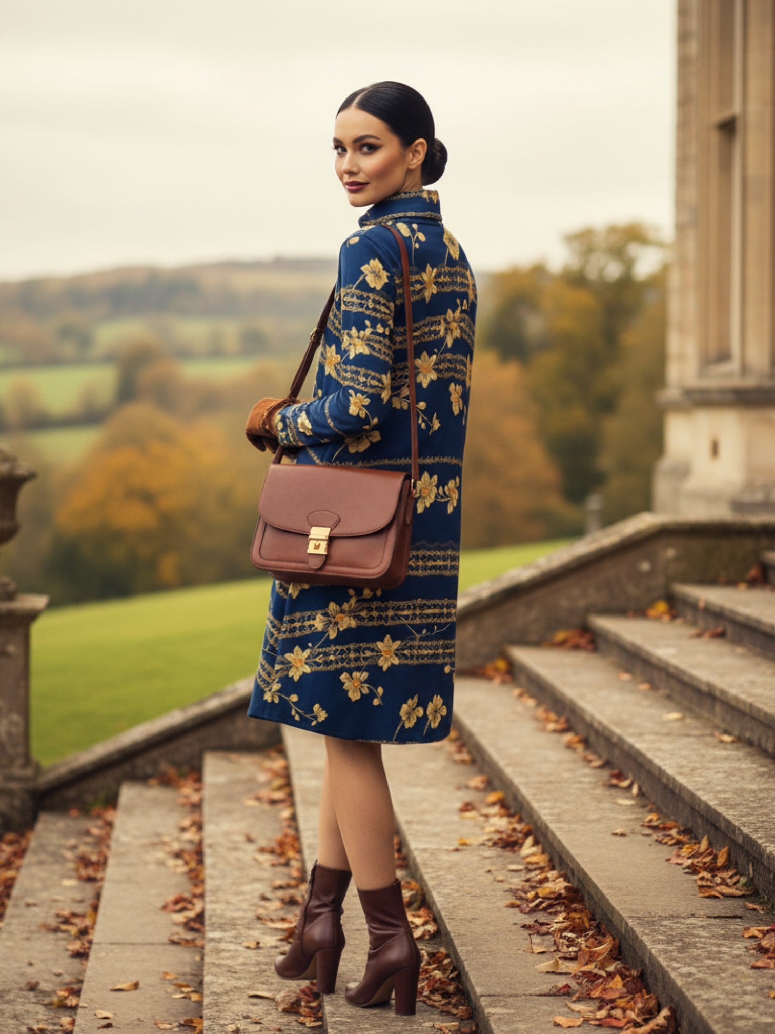 Woman wearing navy blue floral high neck dress from Angelic Blessings Shop with brown boots and handbag outdoors