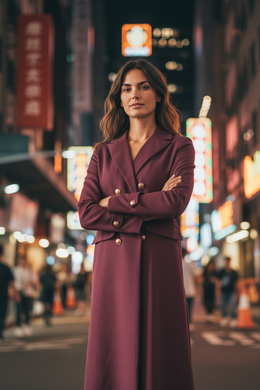 Luxury burgundy trench coat women modeled in urban night street with gold buttons and tailored fit