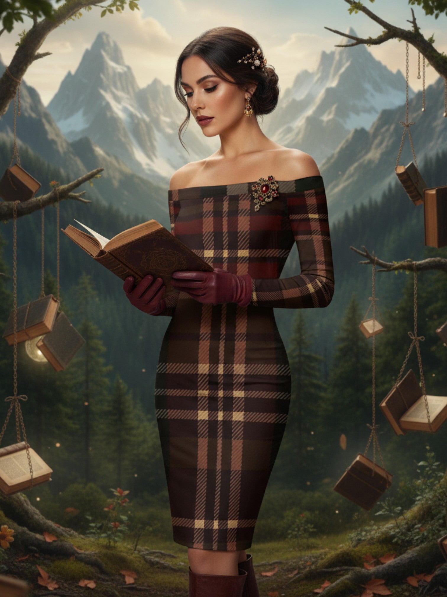 Tartan pattern close-up on off-shoulder wrap-style midi dress