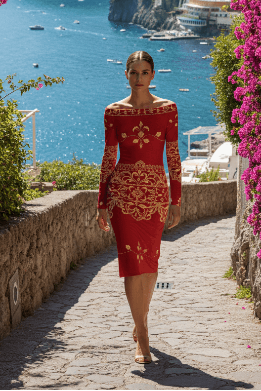 Woman wearing an old money baroque inspired dress in red with gold patterns walking along a coastal path