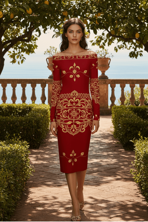 Angelic Blessings Shop old money baroque inspired dress in red with gold ornate patterns and off shoulder design