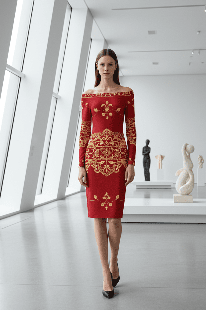 Model wearing an old money baroque inspired dress in red with gold ornate patterns at Angelic Blessings Shop