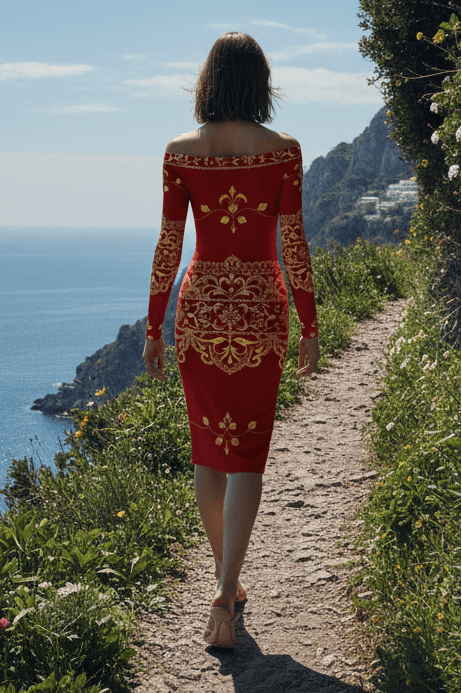 Woman wearing old money baroque inspired dress in red with gold patterns walking on a coastal path