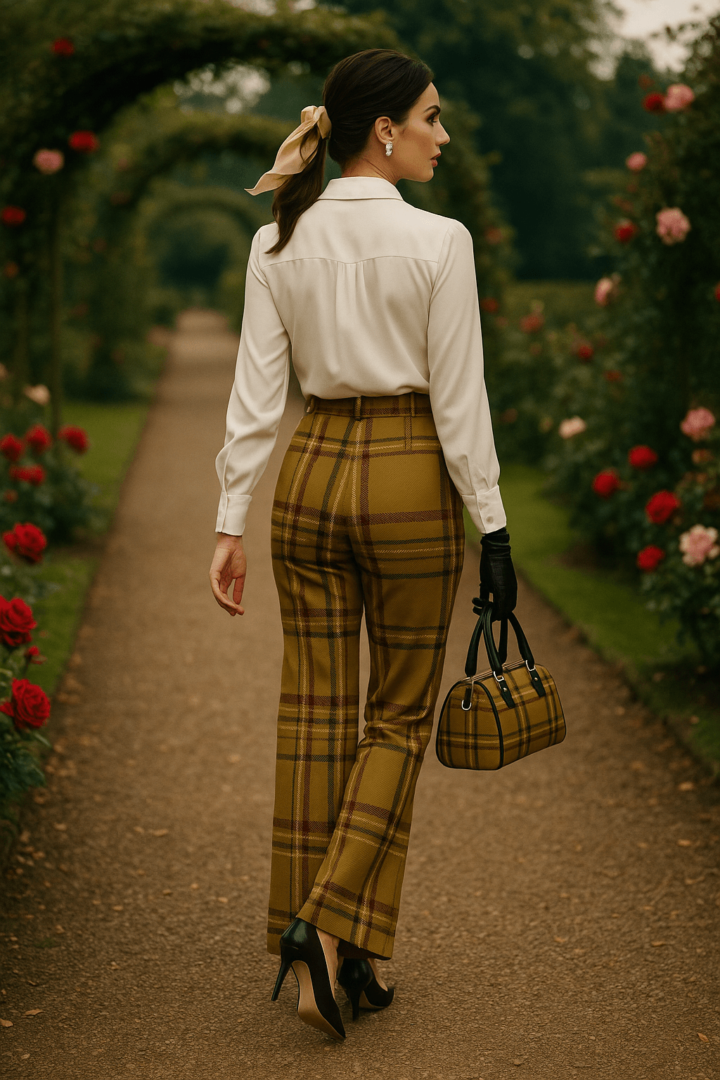 Woman wearing olive tartan high waist flare pants with white blouse and black heels outdoors