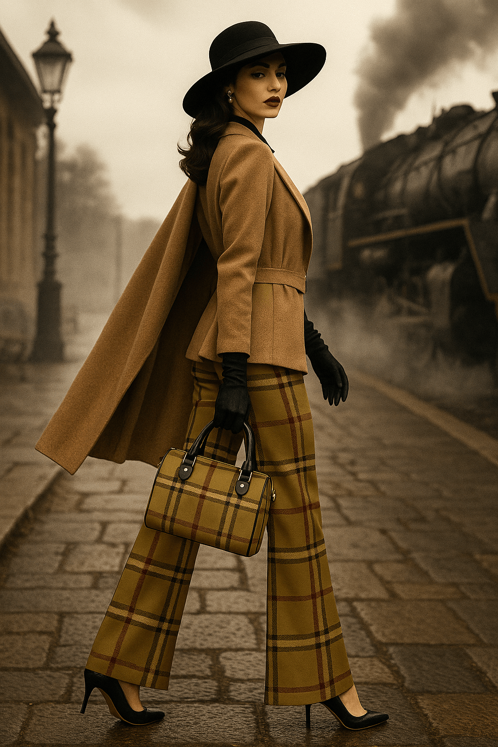 Woman wearing olive tartan high waist flare pants with camel coat black hat and heels by a train station