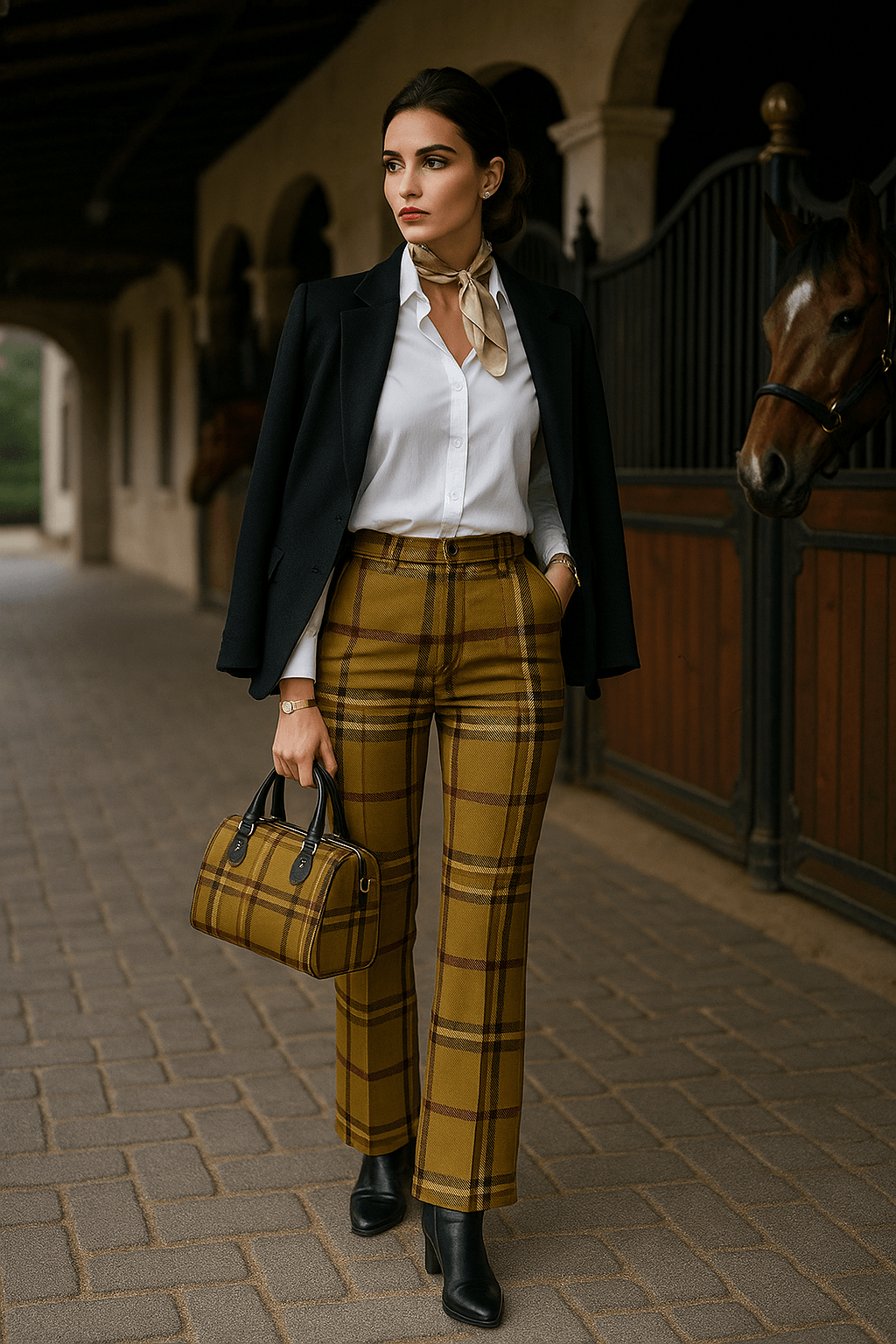 Woman wearing olive tartan high waist flare pants with white blouse and black jacket holding matching plaid handbag