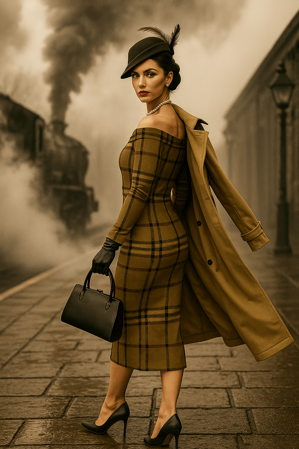 Woman wearing olive tartan off-shoulder dress with trench coat and black heels at vintage train station