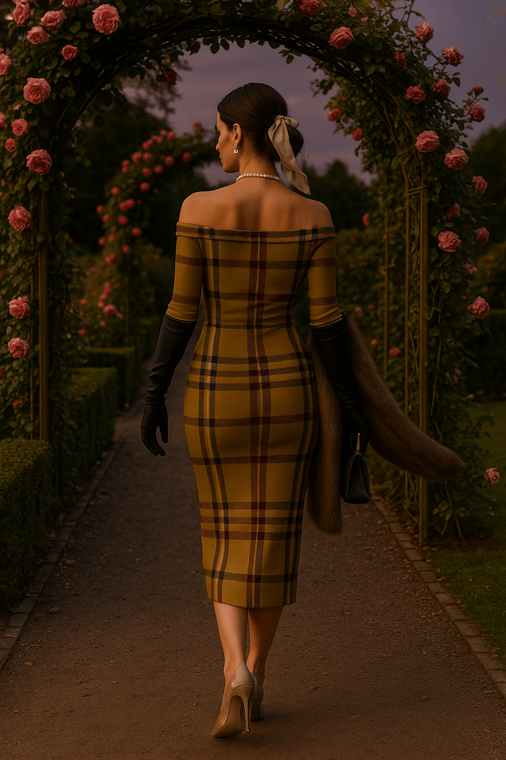Woman wearing olive tartan off-shoulder dress walking in a rose garden with black gloves and heels