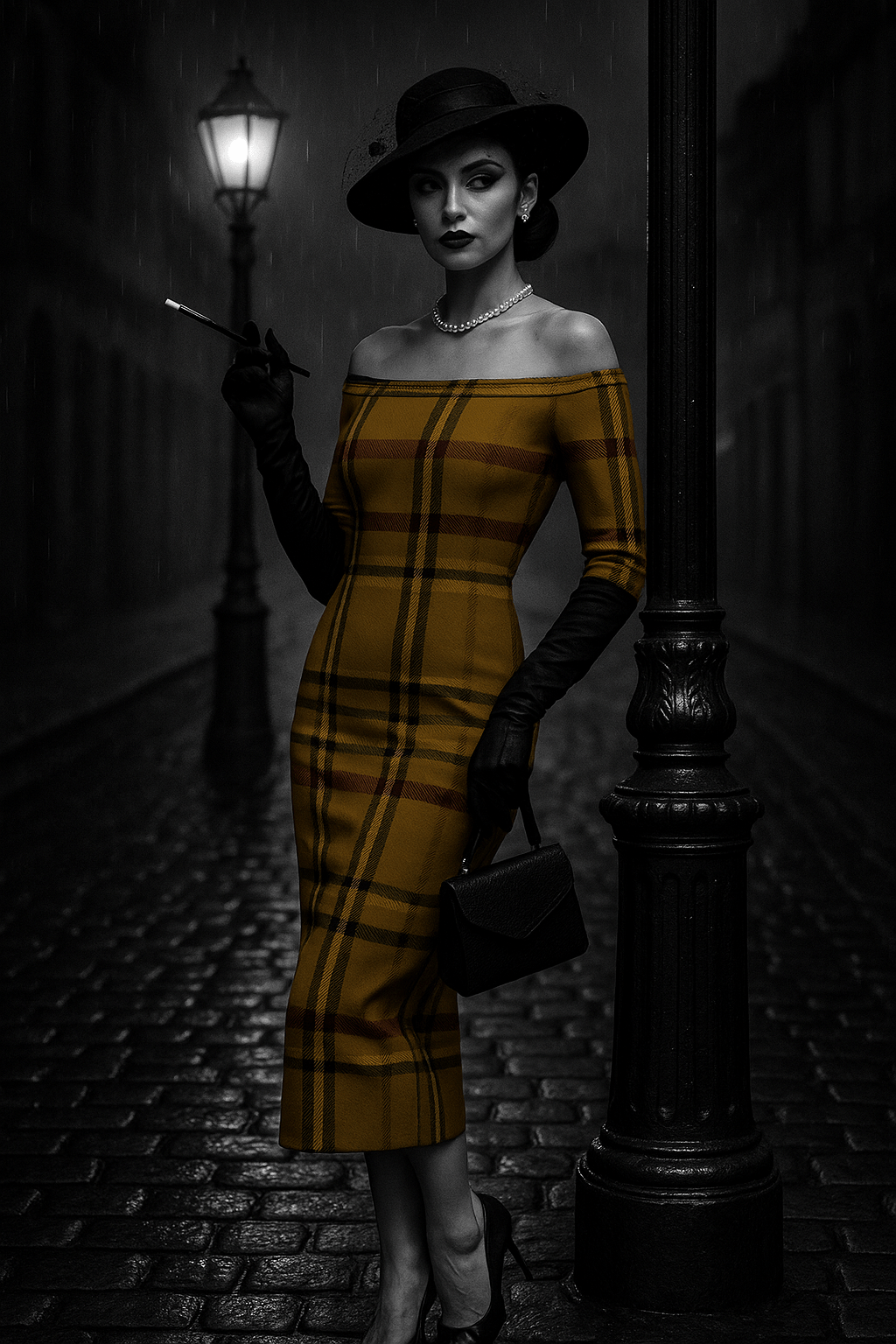 Olive tartan off-shoulder dress by Angelic Blessings Shop worn by woman with black hat and gloves on cobblestone street