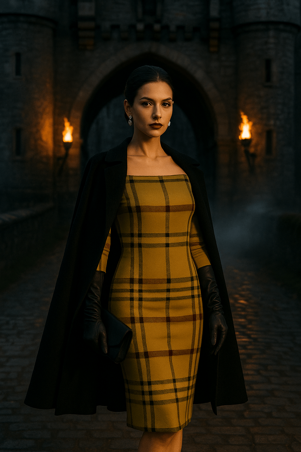 Woman wearing olive tartan off-shoulder dress styled with black cape and gloves at night