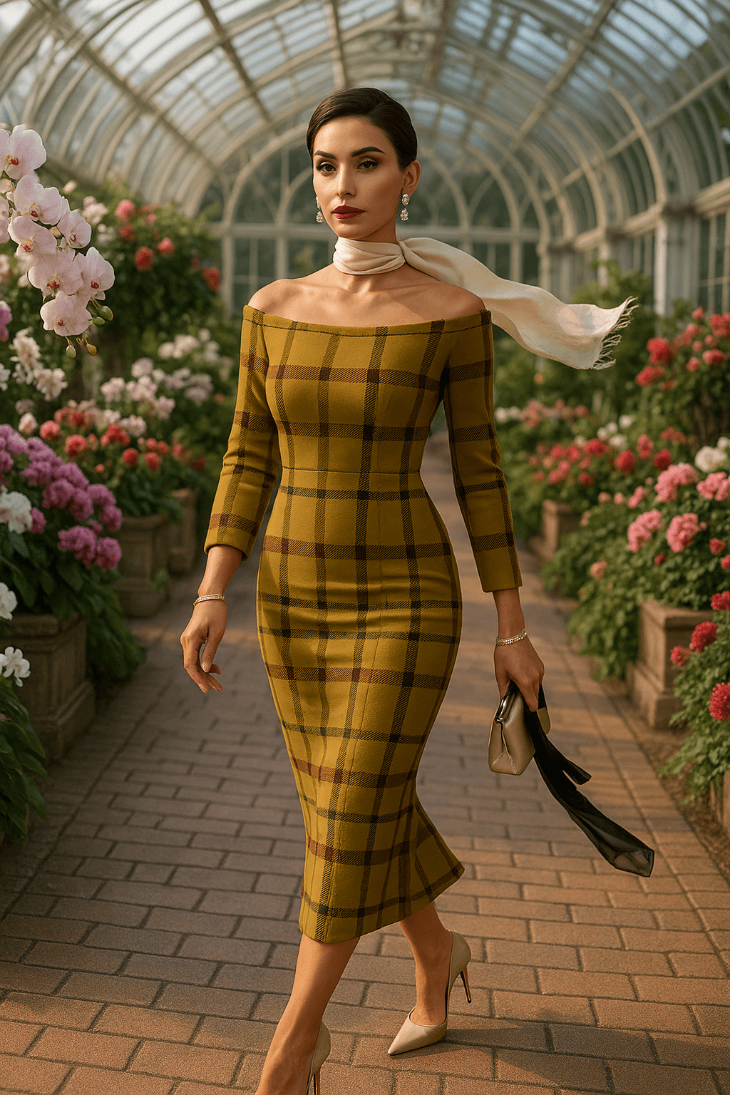 Model wearing olive tartan off-shoulder dress with three-quarter sleeves in a floral greenhouse