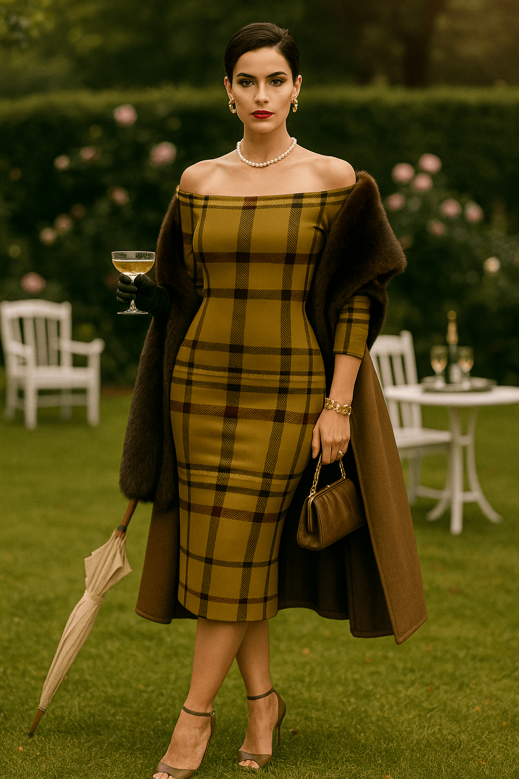 Woman wearing olive tartan off-shoulder dress with pearl necklace and brown coat outdoors