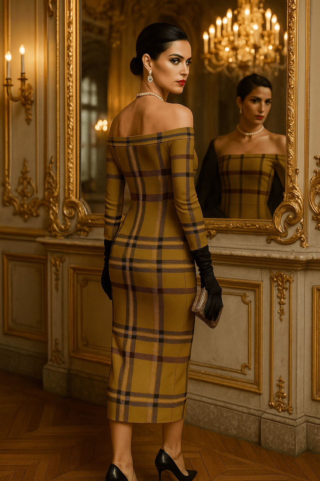Elegant woman wearing olive tartan off-shoulder dress with long sleeves in a vintage room