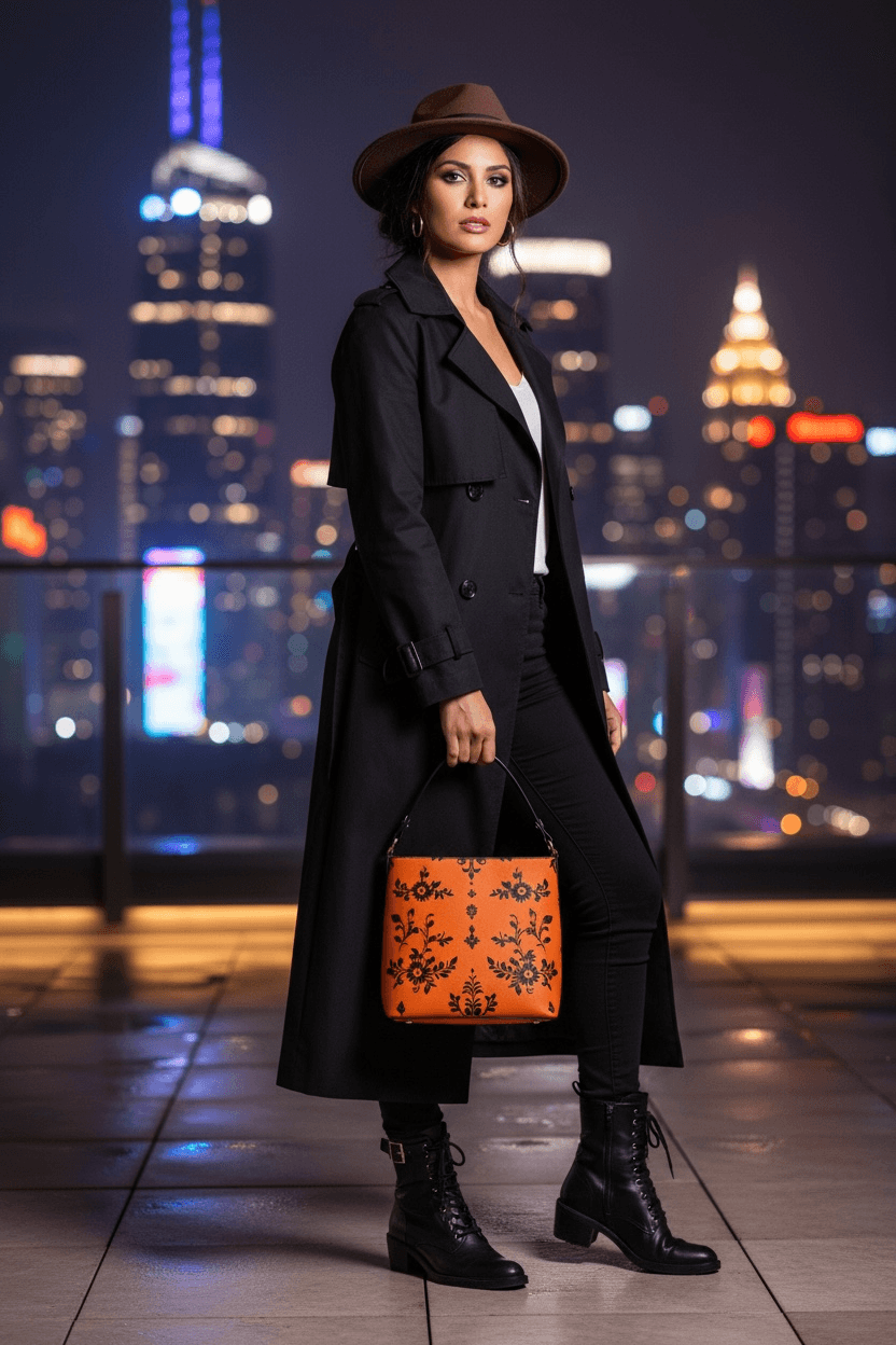 Woman wearing black outfit holding orange baroque bucket bag from Angelic Blessings Shop at night cityscape