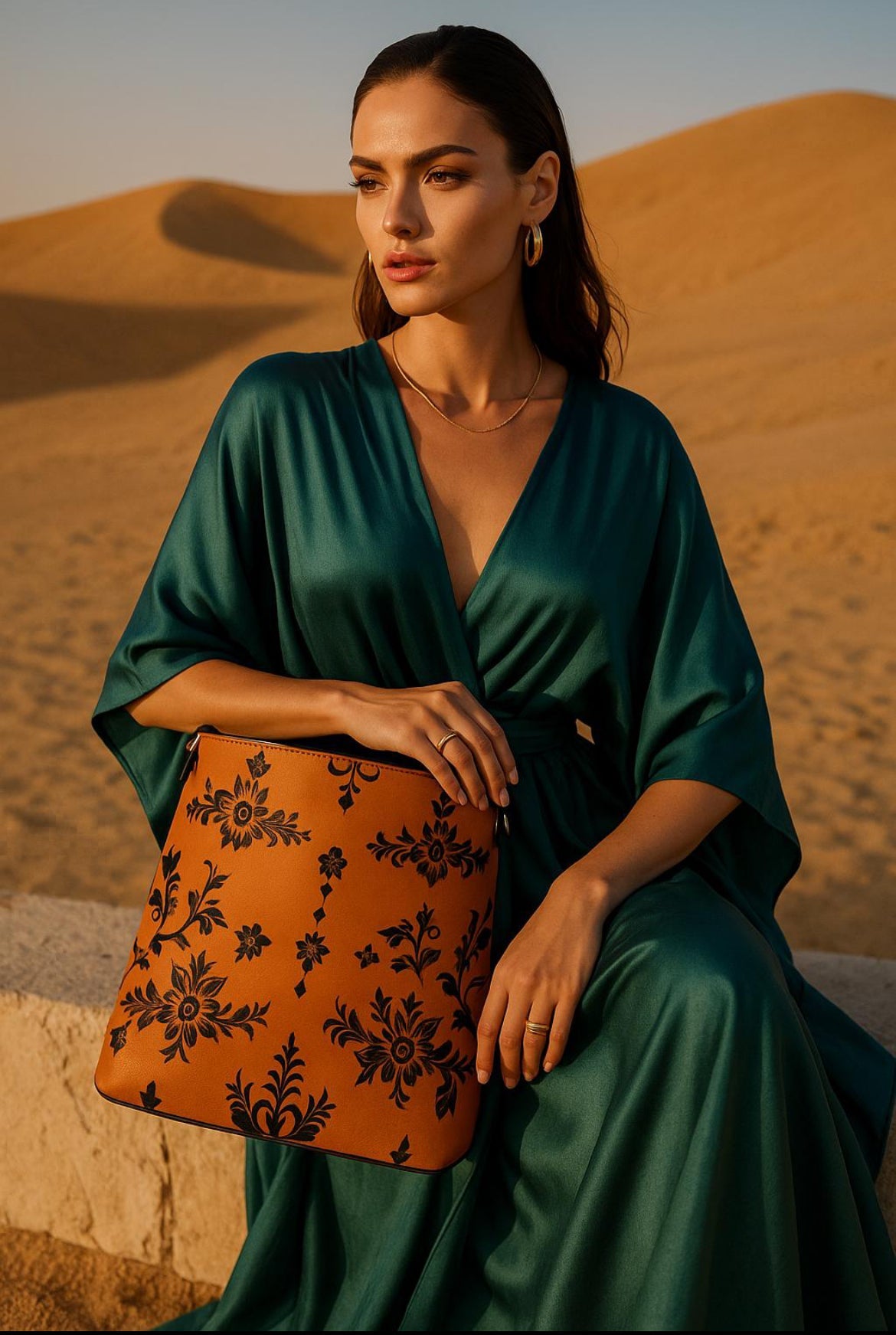 Woman in teal dress holding orange baroque bucket bag with black floral design in desert setting