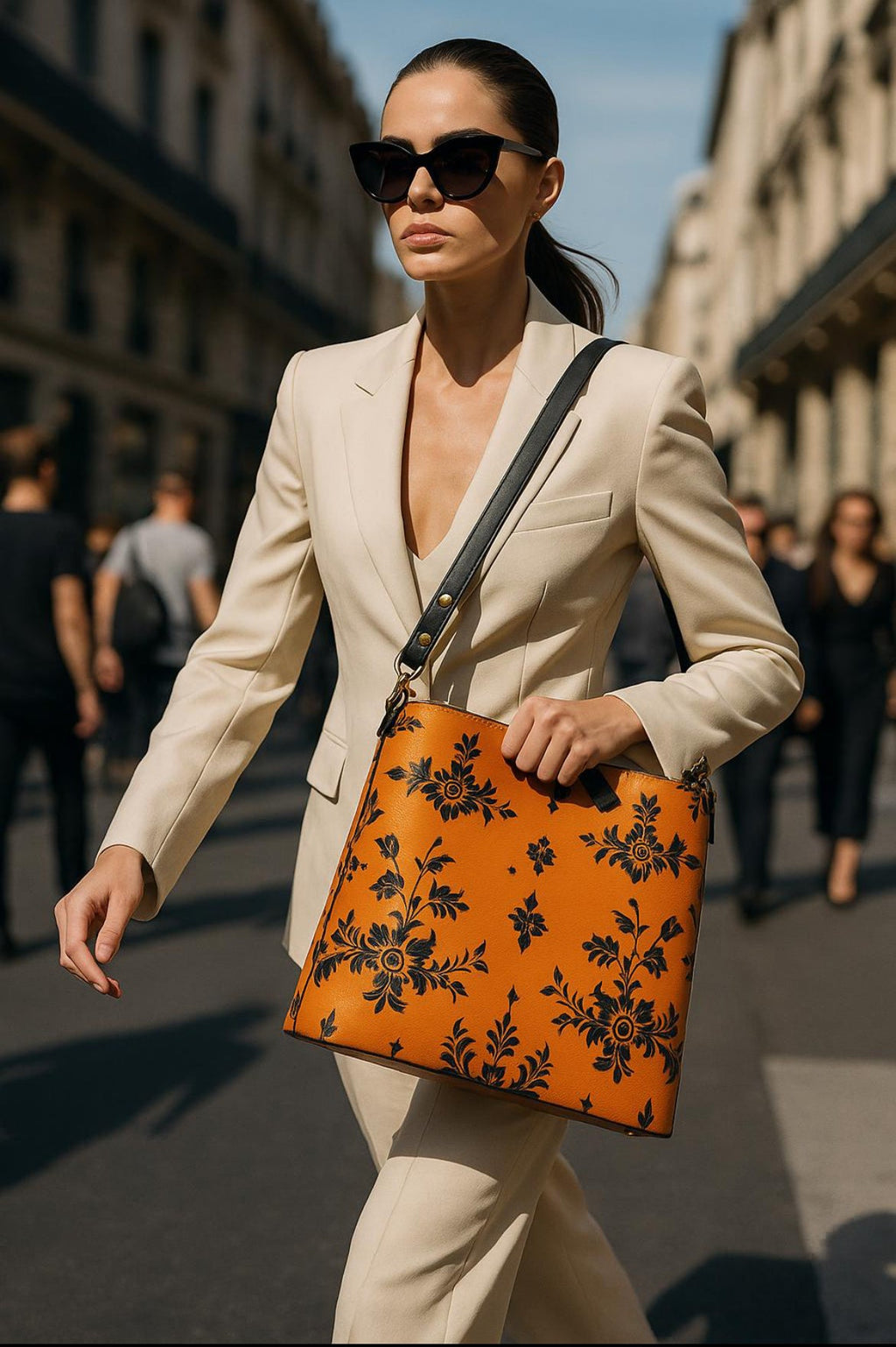 Woman carrying orange baroque bucket bag with black floral design from Angelic Blessings Shop