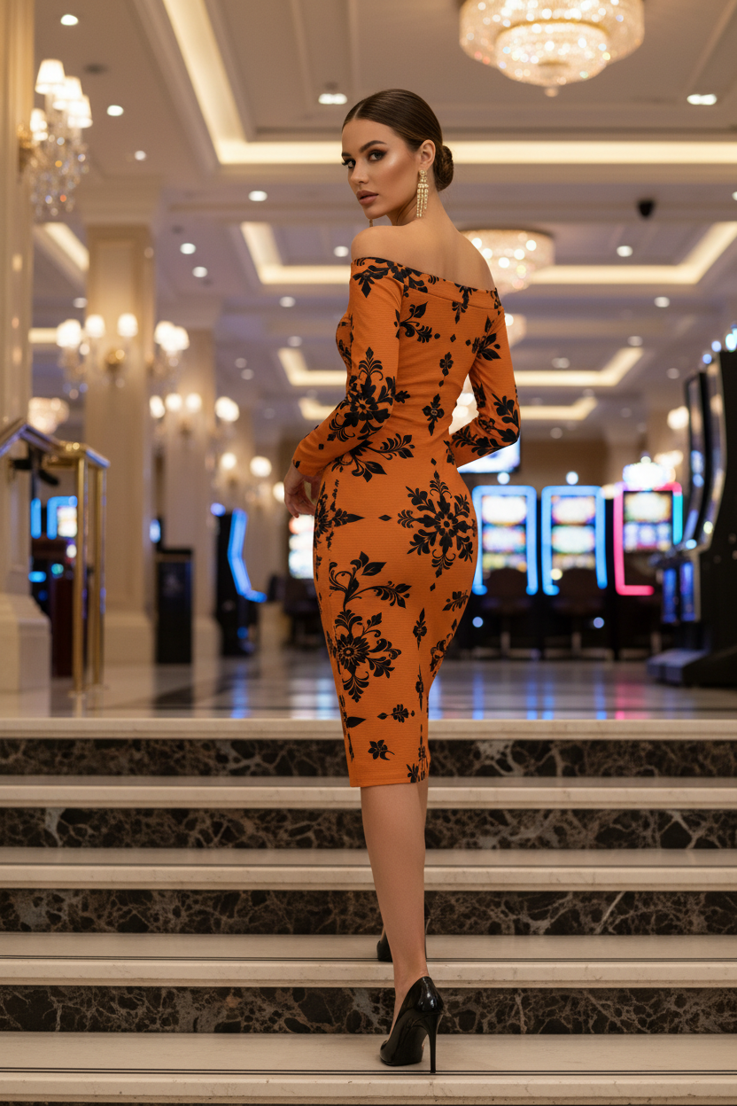 Dusty Orange Black Floral Bodycon Dress Elegant Evening Outfit with Off Shoulder Design