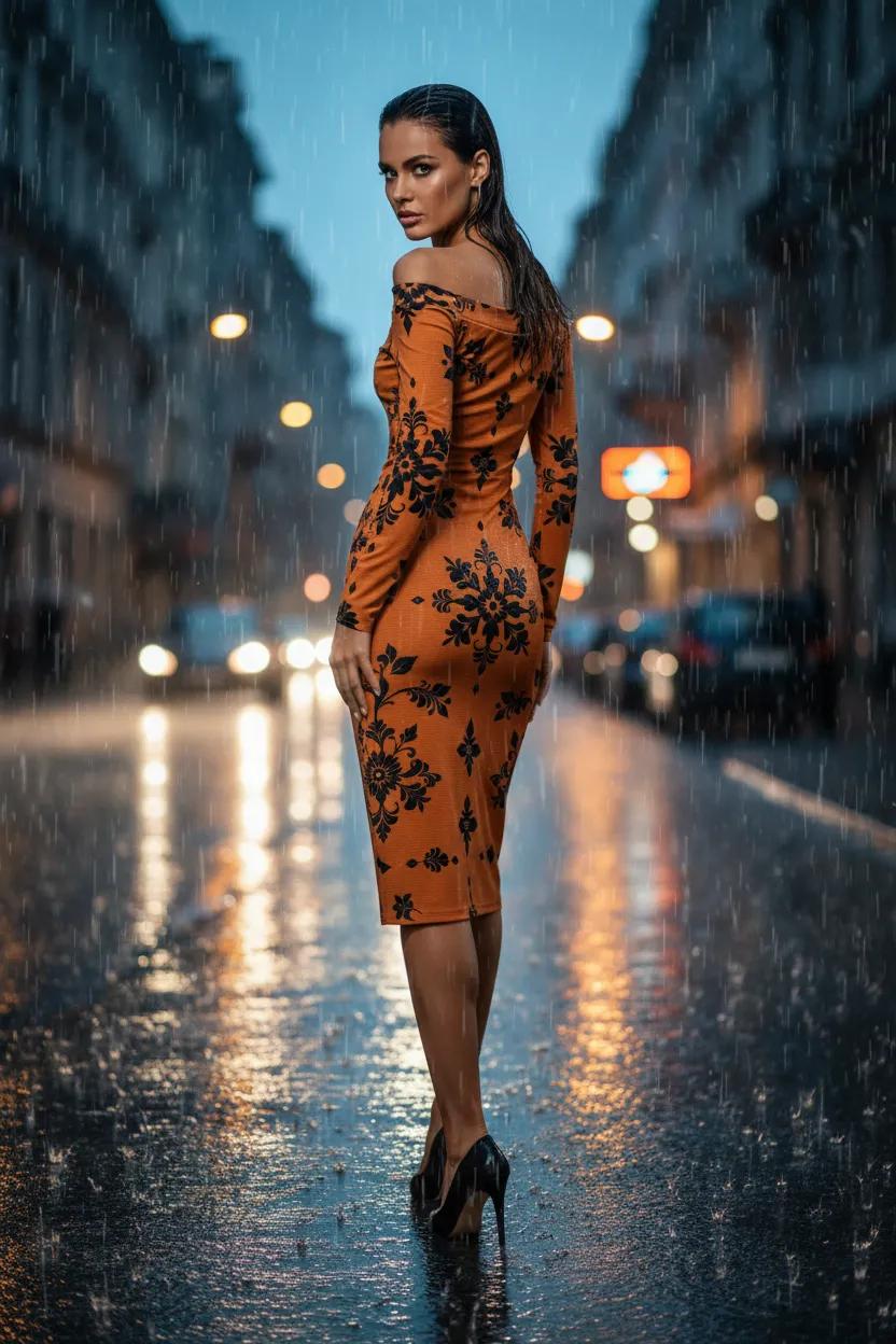 Dusty Orange Black Floral bodycon dress elegant evening outfit with off shoulder midi