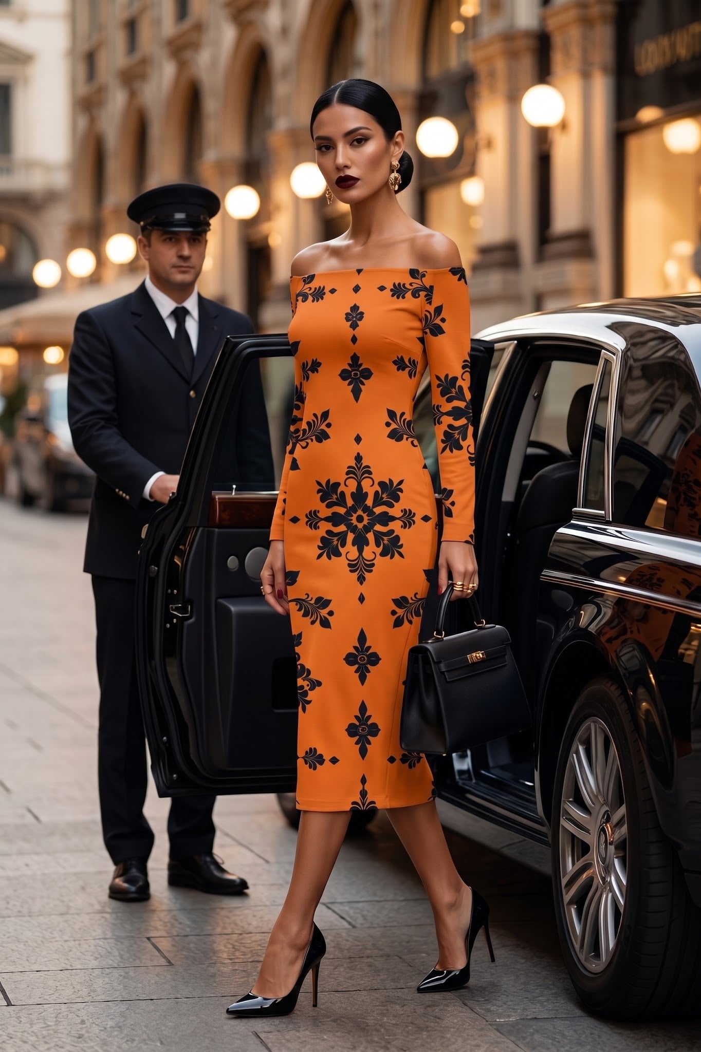 Dusty Orange Black Floral Bodycon Dress Elegant Evening Outfit with Long Sleeves and Off Shoulder