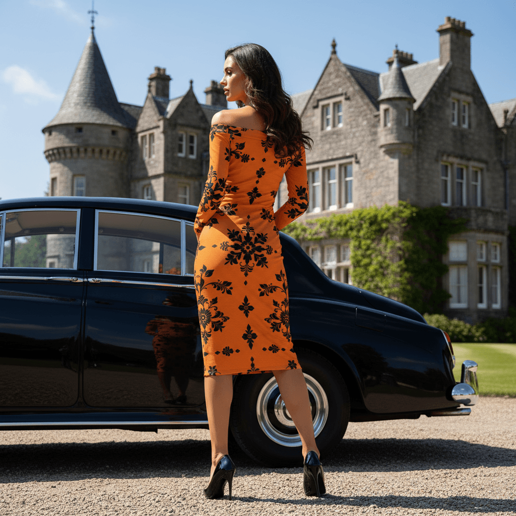 Woman wearing orange baroque floral bodycon dress standing by vintage black car in front of castle