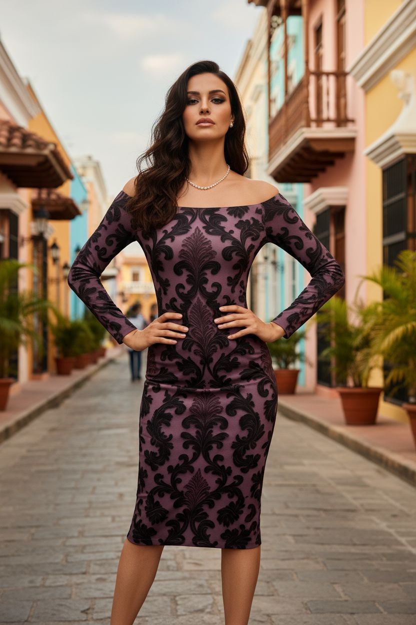 Parisian chic violet off-shoulder midi dress