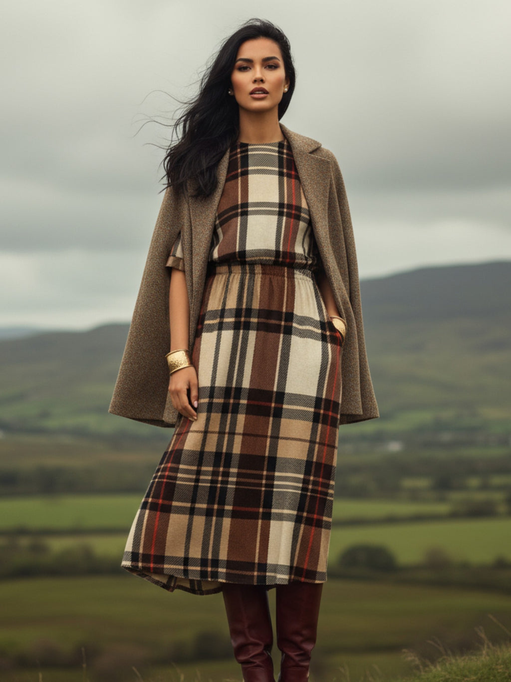 Plaid midi dress for work or casual outings – elegant comfort for women
