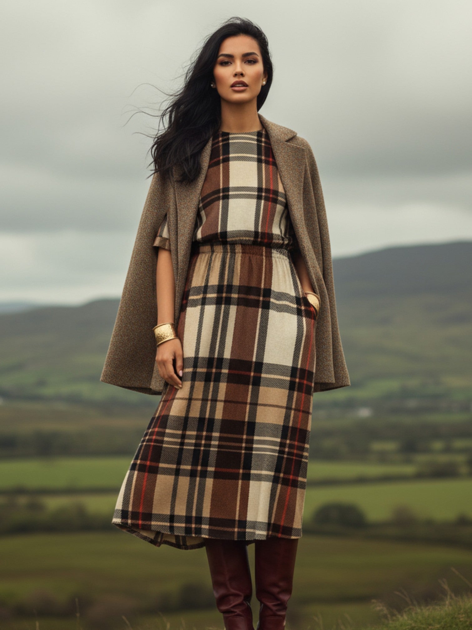 Plaid midi dress for work or casual outings – elegant comfort for women