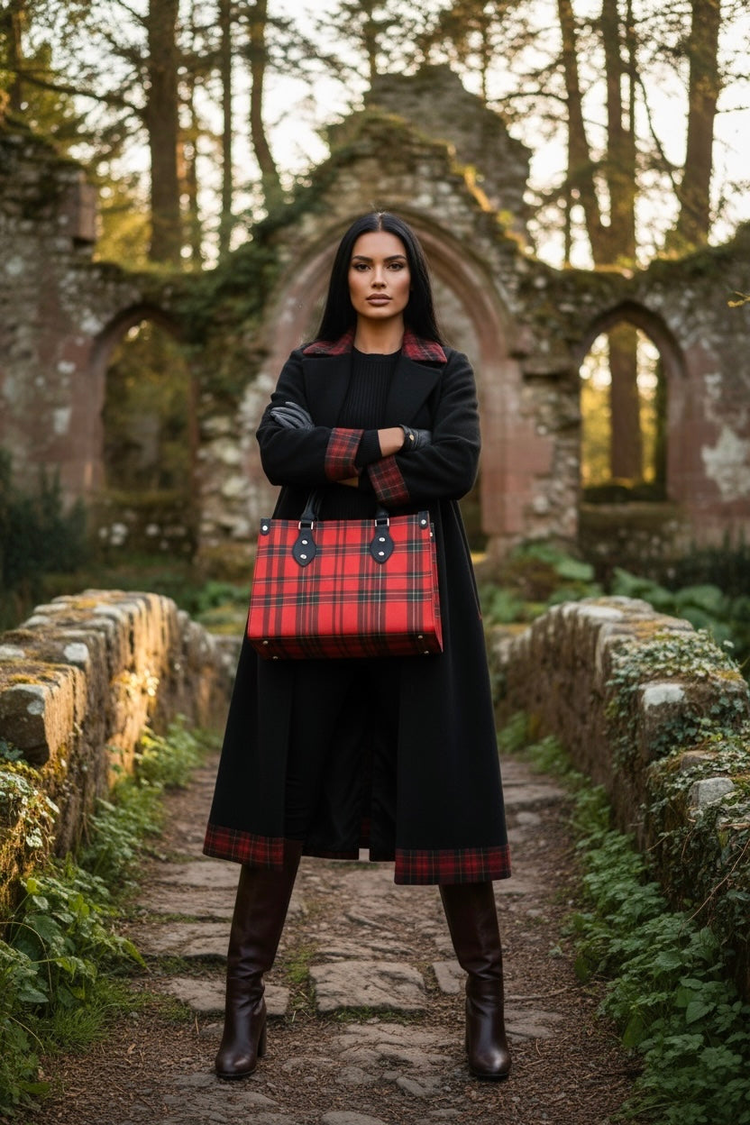 Red plaid tartan tote bag for women, modern Scottish style