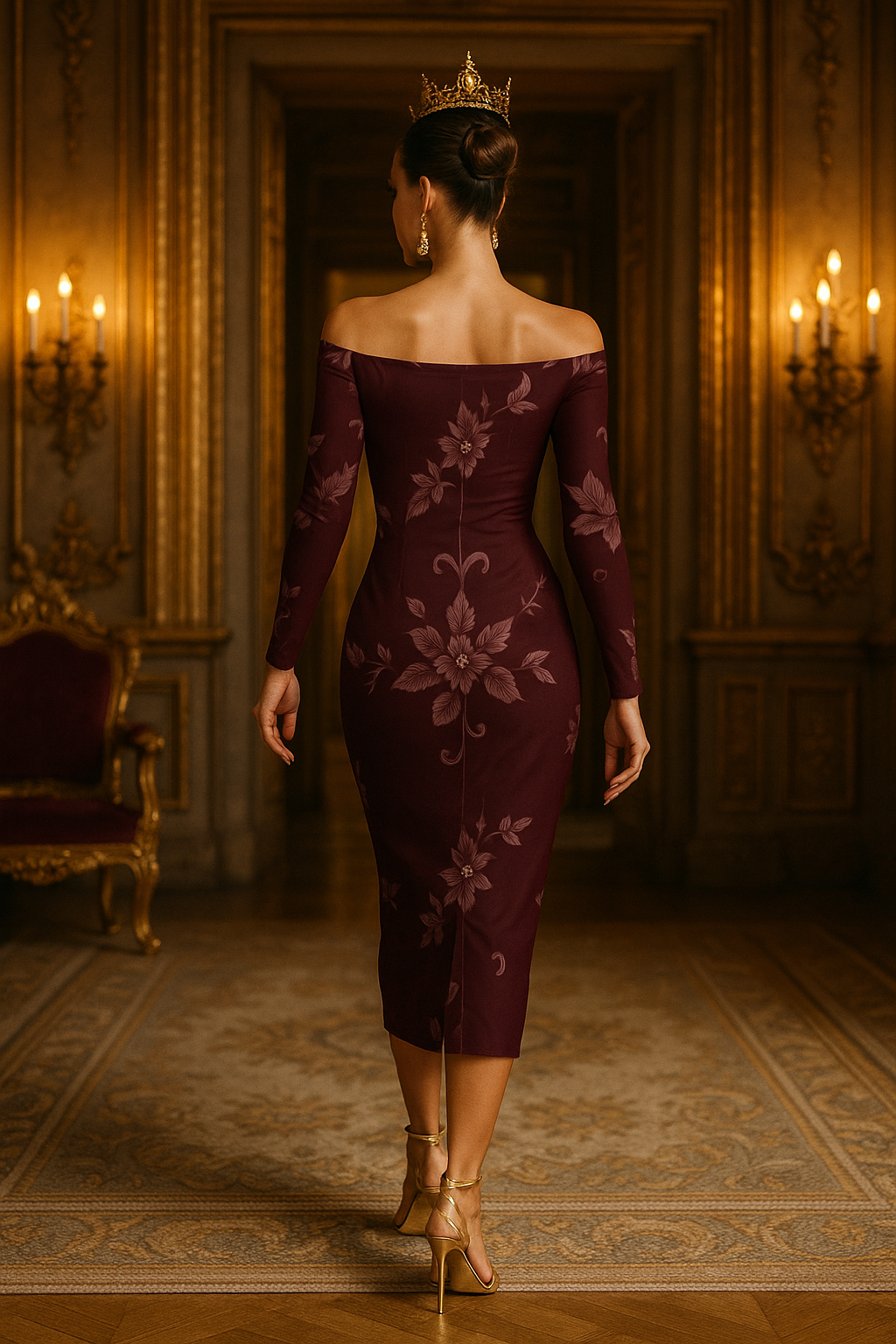 Plus size baroque cocktail dress in deep burgundy with floral patterns worn by a woman in an elegant setting