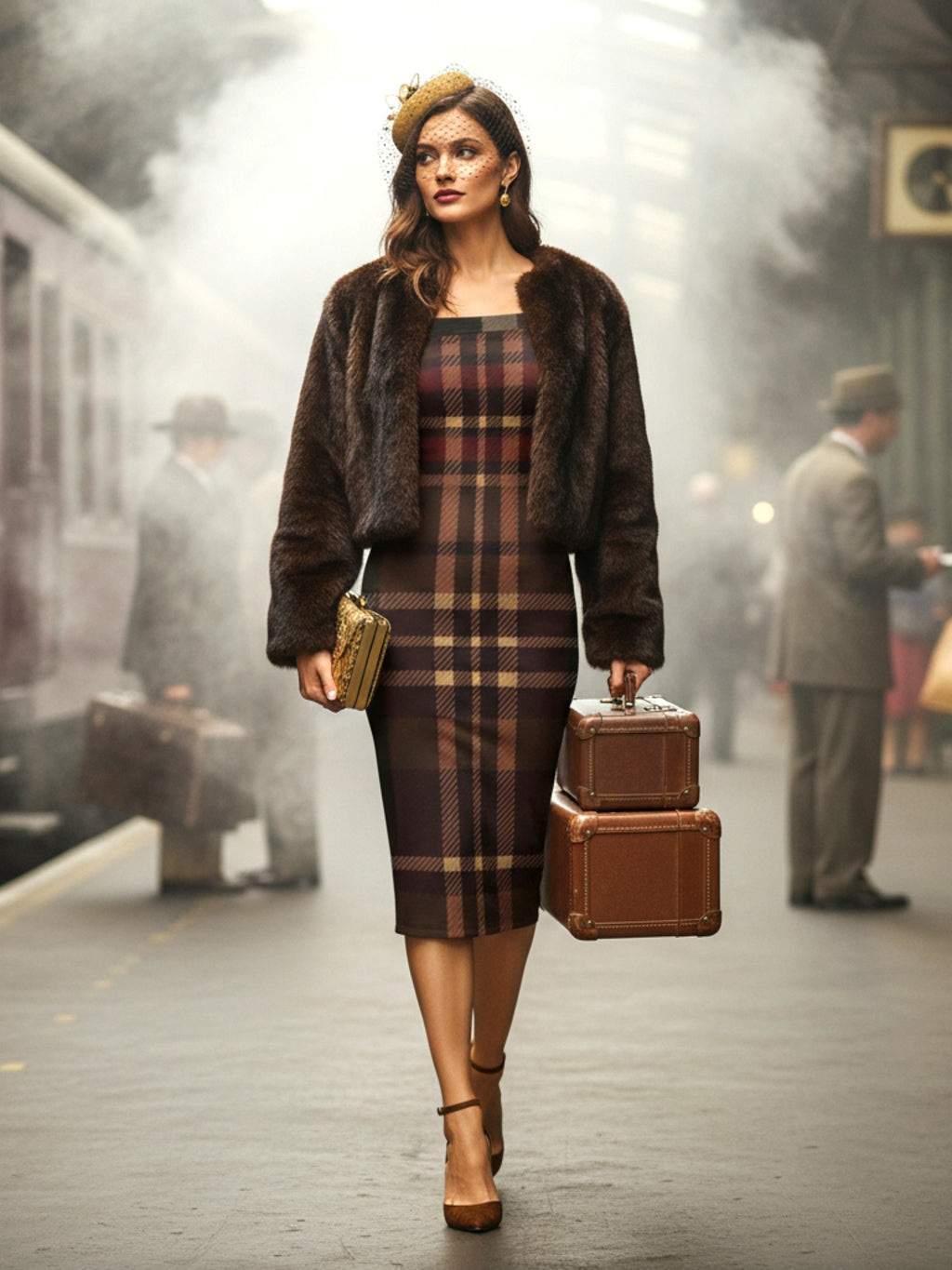 Woman wearing a tartan off the shoulder midi dress with a dark fur jacket carrying vintage suitcases