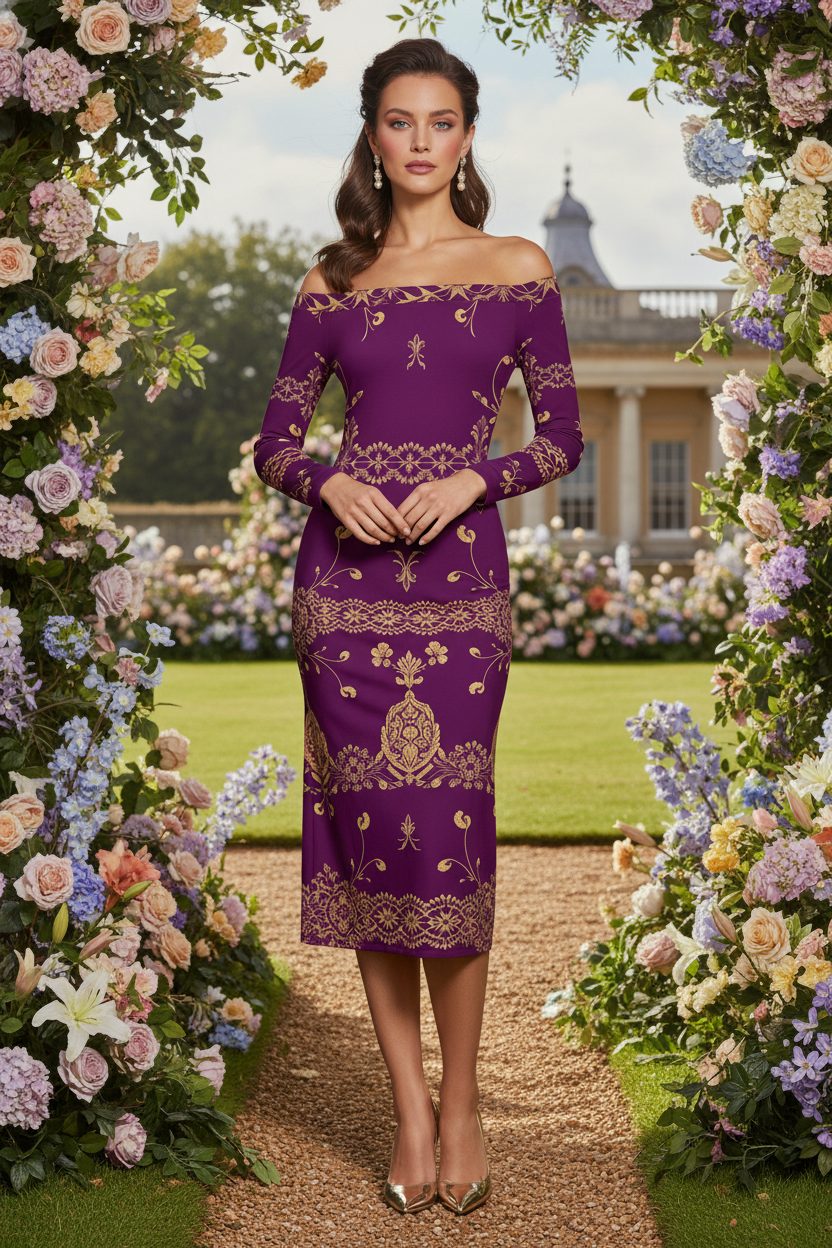 Purple and gold long-sleeve pencil midi dress shown in editorial style