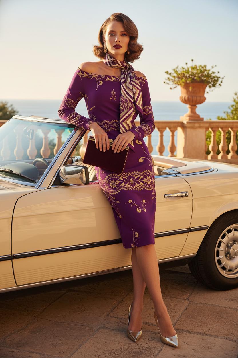 Elegant purple gold midi dress for modern office wear with off-shoulder design