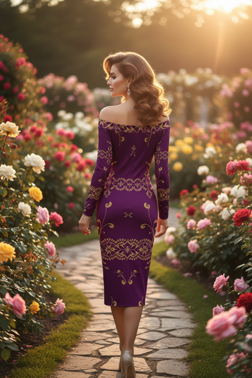 Women’s elegant purple gold fashion midi dress with printed gold detailing
